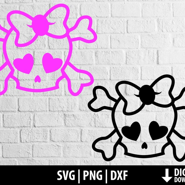 Girly skull svg, mignon rose emo skull bow clipart png dxf, os croisés, fichier de découpe imprimable cricut, silhouette sublimation téléchargement numérique