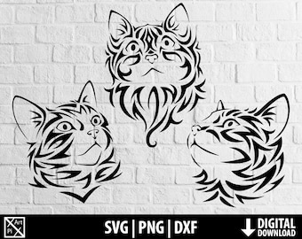 Gatto svg, tribale gattino faccia png dxf clipart, testa di animale domestico carina, file di taglio gatto stampabili cricut, silhouette cameo, download digitale