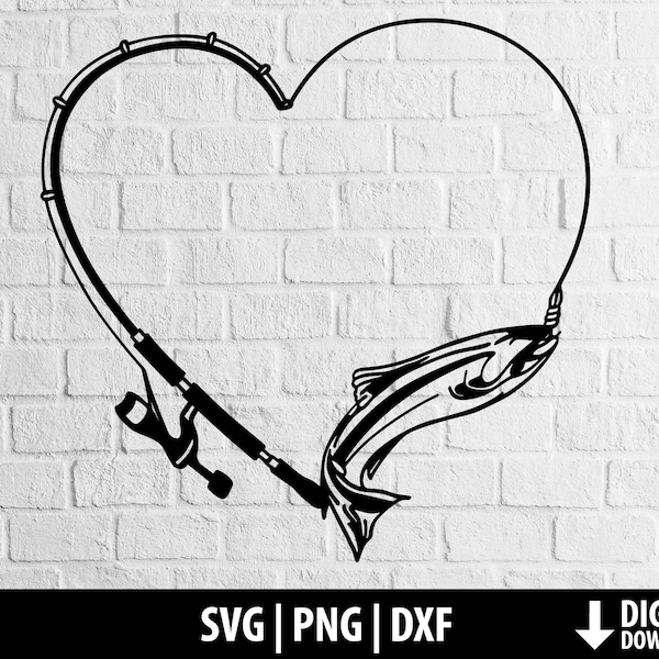 Fishing svg, love fishing heart dxf png fishing line fish clipart printable cut file cricut cameo silhouette sublimation digital download