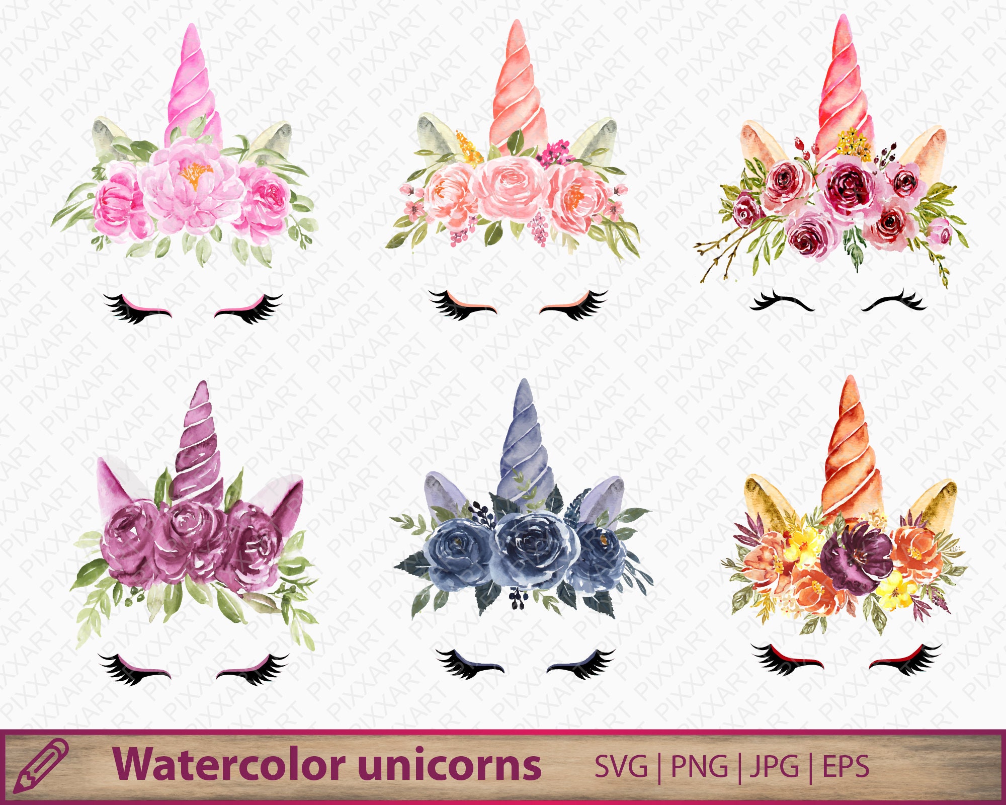 Download Unicorn svg floral watercolor unicorn head png clipart | Etsy