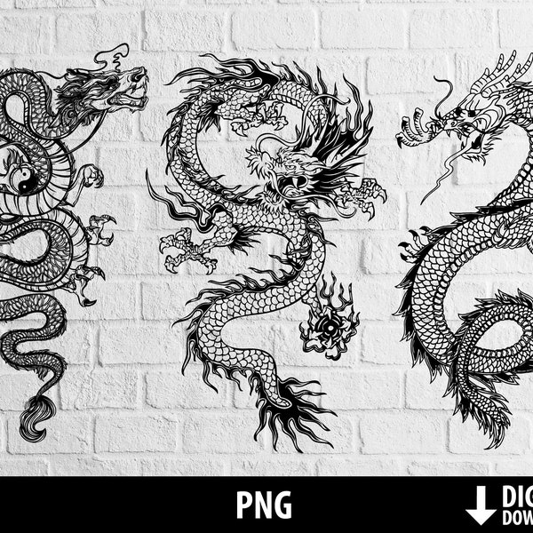 Dragon chinois png, conception de tatouage clipart de dragon oriental, paquet de dragon imprimable, sublimation, fer à repasser caloporteur, téléchargement numérique