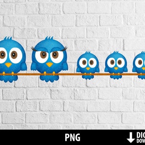 Imágenes prediseñadas de aves, familia de pájaros lindos en png de alambre, dibujos animados de pájaros imprimibles, sublimación, decoración de pared para niños, descarga digital de guardería
