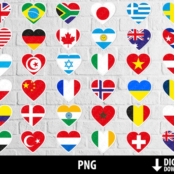 Flags world png, heart europe america asia australia africa clipart, printable flags, travel, sublimation, digital download