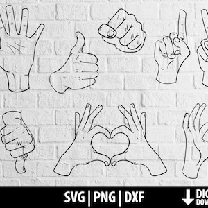 Clipart de mão, gestos svg dxf png, coração OK polegares para baixo sinais, arquivos de corte de mãos imprimíveis cricut, silhueta de camafeu, download digital
