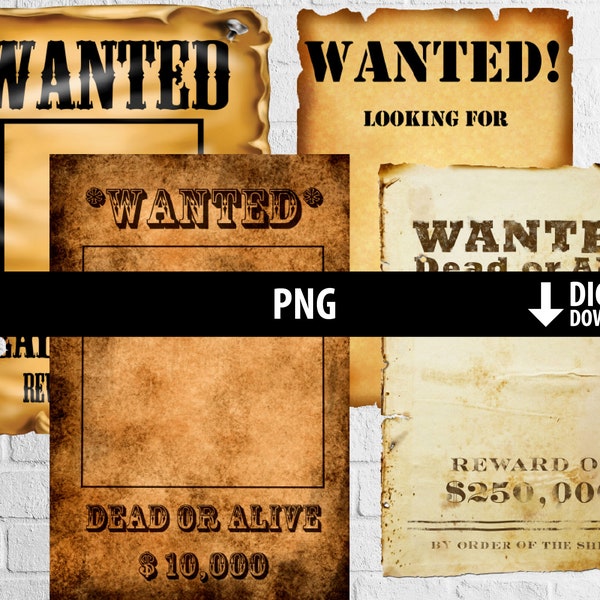 Digital Wanted poster, western cowboy rodeo, printable digital paper, old paper texture, scrapbooking, digital instant download, png 300dpi