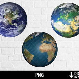 May include: Three different views of the Earth, showing the continents and oceans. The Earth is a blue and green sphere with white clouds.