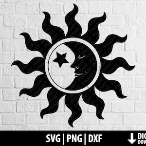 May include: Black and white graphic design of a sun and moon with a star. The sun has a smiling face and the moon has closed eyes. The sun has rays that extend out from the circle.