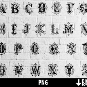 Victorian alphabet png, printable vintage font clipart, old ornamental letters sublimation  digital download