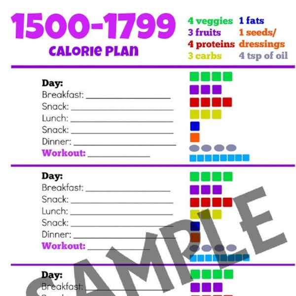 1500-1799 Calorie Diet Planner - Tally Sheet PDF Printable Worksheet with Day Planner to Log Portion Control Container Count for 3 Days