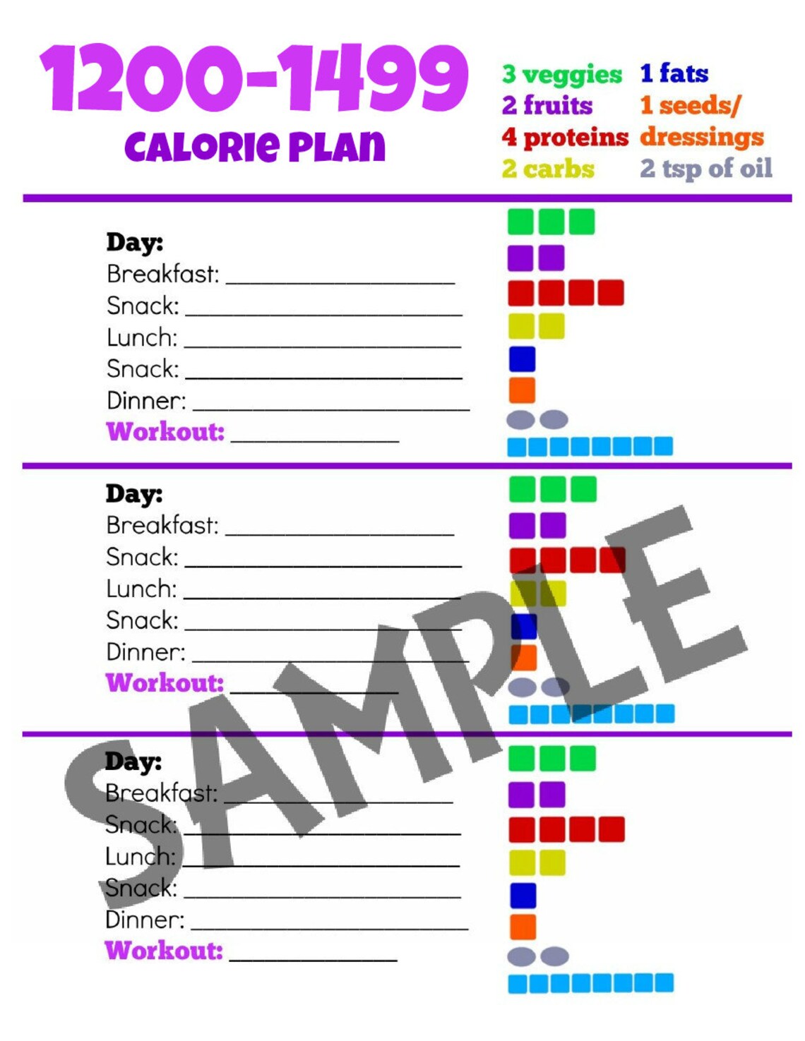 1200-1499 Calorie Diet PLANNER - Tally Sheet PDF Printable Worksheet ...