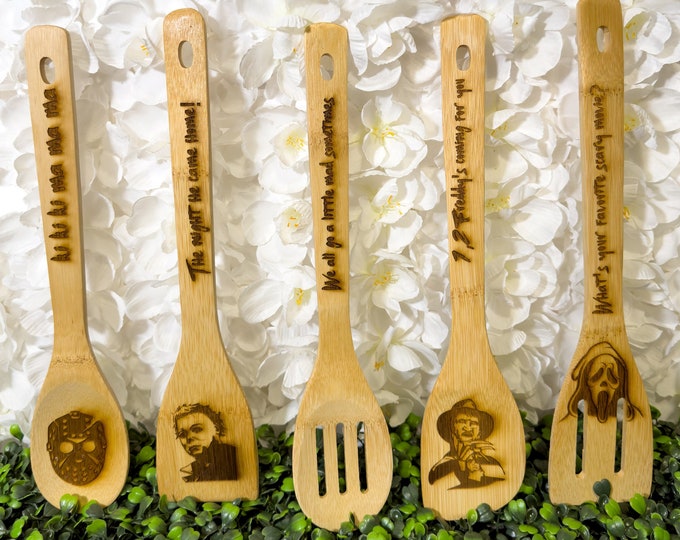 Horror Engraved Wooden Spoon Set, Gift for Horror Fans, Engraved Wooden Utensil Set