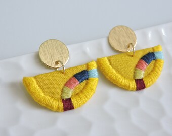 Sunshine Yellow Contemporary Semi-Circle Earrings // Hand Embroidered Earrings / Textile Jewelry / Hanbok Inspired Earrings