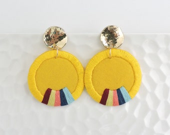 Sunshine Yellow Contemporary Disc Earrings // Hand Embroidered Earrings / Textile Jewelry / Hanbok Inspired Earrings