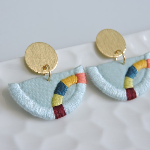 Sky Blue Contemporary Semi-Circle Earrings // Hand Embroidered Earrings / Textile Jewelry / Hanbok Inspired Earrings