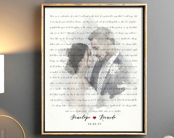 May include: Framed print featuring a couple's photo overlaid with handwritten text. The print has a gold frame and includes the names "Penelope" and "Ricardo" along with the date "12.05.17". The background is a soft, watercolor-like effect.