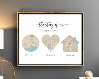The story of us so far,  Hello I do First Home, Met Married First Home Map, Our story map art, Map art print, Personalised Map Gift, #117