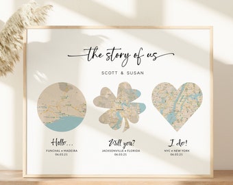 Hello Will you I do print, Met Engaged Married Custom Map Printable, The story of us so far, Map art, Personalised Gift for couple #118