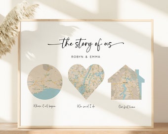 Newly Wed Gifts, Hello Will you I do, Three Locations Map Print Wall Art, Custom Wedding Shower Gift for Couple, 1st Anniversary Gift #117