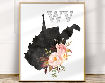 West Virginia Print, West Virginia Wall Art, West Virginia Silhouette Map, New Home gift idea, Moving gift, Digital Download