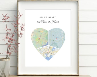Miles apart but close at heart, Moving gift, Moving away gift, Going away gift, Heart shaped map art, 3 locations print, DOWNLOAD #126