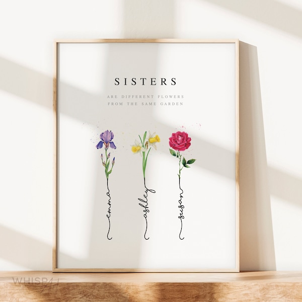 Schwestern Geschenk von Schwester | Personalisierte Aquarell Geburt Monat Blume | Benutzerdefinierte Familie Kunstdruck | Geschenk für Schwester #100