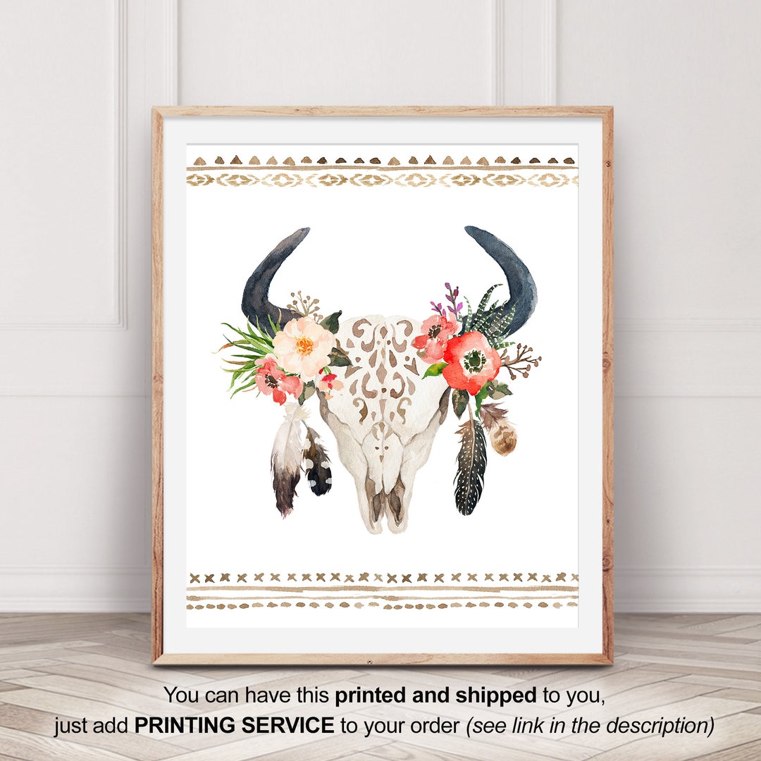 Bull Skull Tribal Wall Decor Art, Boho Print, Bohemian Hippie Print