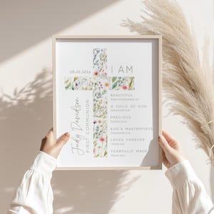 Puede incluir: Una impresión enmarcada con un diseño de cruz floral de acuarela. El texto "I AM" está en la parte superior de la cruz. El texto debajo de la cruz incluye versículos bíblicos y frases como "Beautiful", "A Child of God", "Precious", "God's Masterpiece", "Loved Forever", y "Fearfully Made". La fecha "08.09.2024" y el nombre "Judy Davidson" también están incluidos en la impresión.