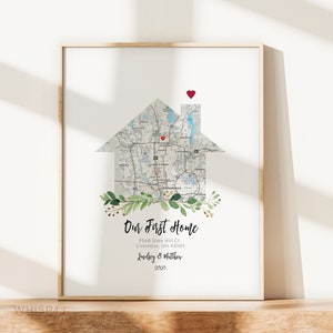 May include: A printable map of Columbus, Ohio, shaped like a house with a red heart on top. The text "Our First Home" is below the map, along with the address, "9568 Slate Hill Ct., Columbus, OH 43085", and the names "Lindsey & Matthew" and the year "2020".