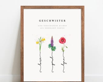 Personalisierte Geschwister Geschenk mit Namen und Geburtsmonatblumen – Einzigartiges, auf Bestellung gefertiges Geschwister Geschenk