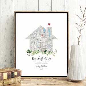 May include: A printable art print featuring a house-shaped map of Columbus, Ohio with a red heart marking the location of 9568 Slate Hill Ct. The text "Our First Home" is below the map, along with the address, "Lindsey & Matthew", and the year "2020".