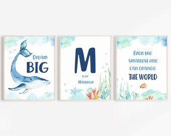 Boy nursery decor ocean, Boy nursery nautical wall art, Name sign, Dream Big, Whale,  the smallest one can change the world, Set of 3, N204