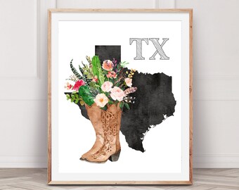 Texas State Wall Art Print, Country Boots Home Decor, Texas Silhouette Map, Digital Download, Mailed Prints, Giclee Prints on Canvas