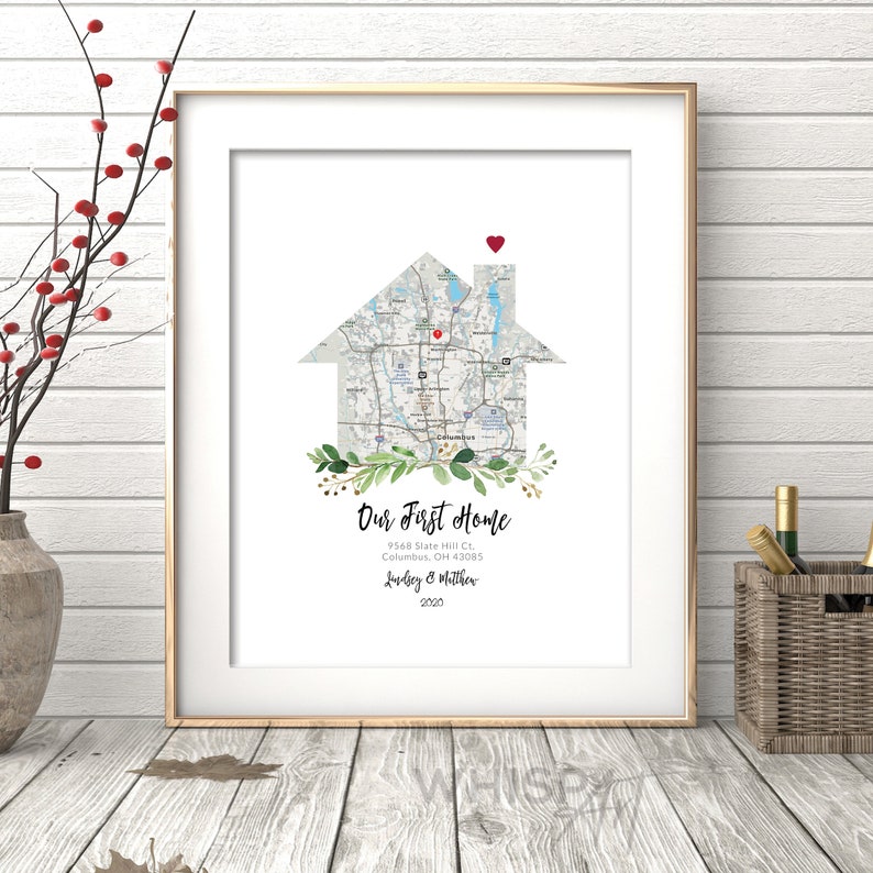 May include: A printable map of a house with a red heart on the chimney. The map is in the shape of a house and includes the text "Our First Home", the address "9568 Slate Hill Ct, Columbus, OH 43085", the names "Lindsey & Matthew", and the year "2020".
