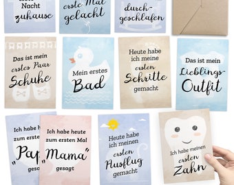 Geschenk zur Geburt: 30+1 Meilensteinkarten für Foto-Erinnerungen mit Baby-Tagebuch, DIN A6, matt - inkl. Geschenkbox und Glückwunsch-Karte