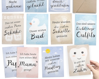 FÜR ZWILLINGE: 30+1 Meilensteinkarten mit Baby-Tagebuch als Geschenk zur Geburt, inkl. Geschenkbox + Glückwunsch-Karte (unisex, DIN A6)