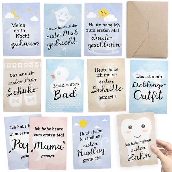 Geschenk zur Geburt: 30+1 Meilensteinkarten für Foto-Erinnerungen mit Baby-Tagebuch, DIN A6, matt - inkl. Geschenkbox und Glückwunsch-Karte