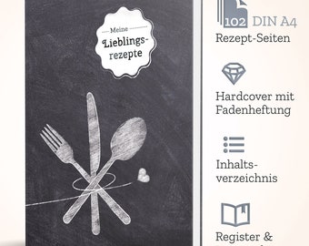 DIY Kochbuch zum selberschreiben - DIN A4 für 102 Rezeptseiten, mattem Hardcover mit Inhaltsverzeichnis, Register und Lesezeichen