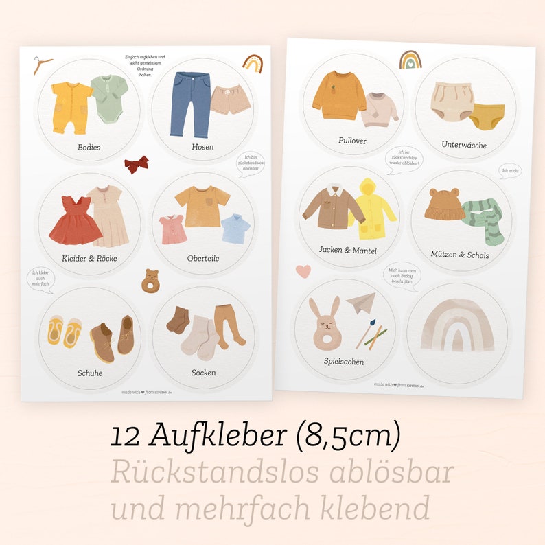 12 Kindgerechte Aufkleber: Ordnung und Organisation im Kleiderschrank nach Montessori für Babykleidung / Kinderkleidung für Jungen & Mädchen Bild 2