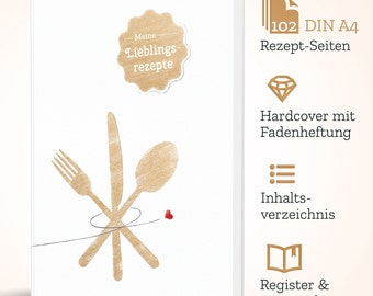 DIY Kochbuch zum selberschreiben - WEISS - DIN A4, 102 Rezeptseiten, mattem Hardcover mit Inhaltsverzeichnis, Register und Lesezeichen