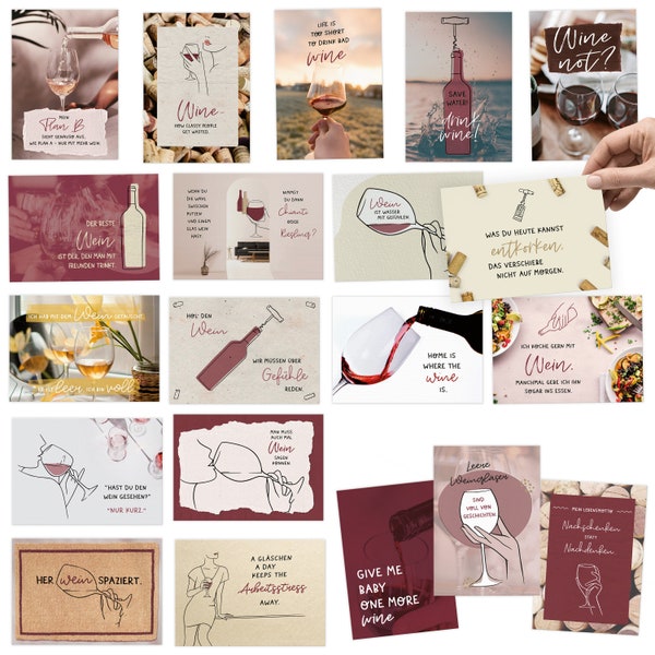 20 Postkarten Set WEIN mit lustigen und schönen Sprüchen; Je Postkarte ein Motiv voll Freude & Augenzwinkern. Für Genießer und Weinliebhaber