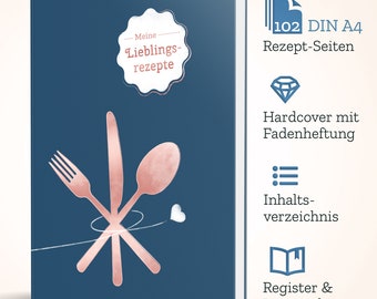 DIY Kochbuch zum selberschreiben: Blau/Rosé, DIN A4, 102 Rezeptseiten, mattem Hardcover mit Inhaltsverzeichnis, Register + Lesezeichen