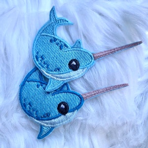 Embroidery SEW or IRON on Patch Cute Little Narwal Whale Kawaii embroidered