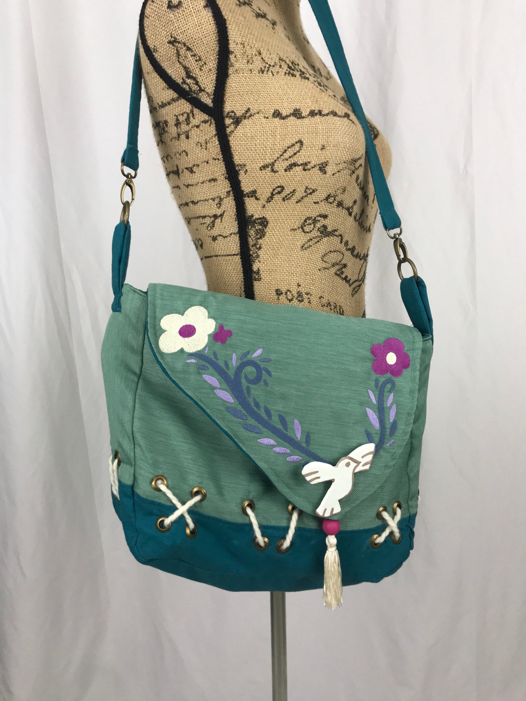 Large Green Travel Adventure Bag With Bird Decoration and Etsy