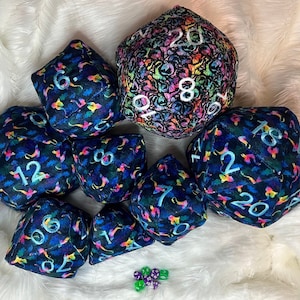 Custom Dragon Print Handmade Embroidered D4 D6 D8 D10 D12 D20 Dice Plush Pillow or Stuffed Die Mens gift