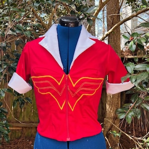Custom Made Super hero Bombshell Zipup Top with Embroidered Front Cosplay Costume