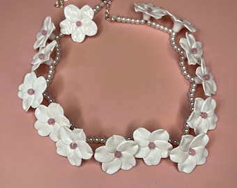 Handmade White and pink Floral Beaded Necklace and Earrings Cosplay Costume Jewelry