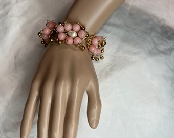 Handmade White, Pink, and Gold Beaded Dangle Bracelet Cosplay Costume Jewelry Cuff