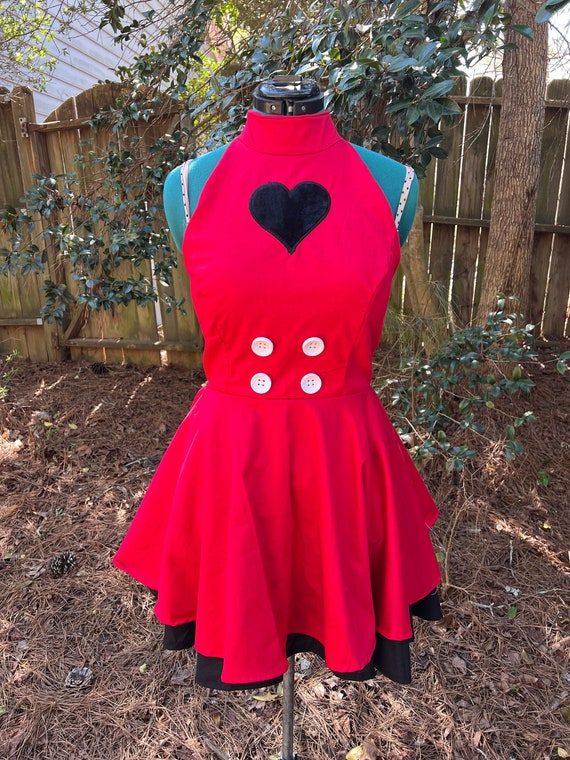 blue dress for baby girl Black And Red Heart Print Silk Twill Collared Mini Dress With Belt and  Flower
