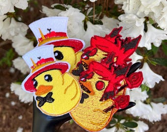 Embroidery SEW or IRON on Patch Lucifer Rubber Duck in Hat and Bow Tie