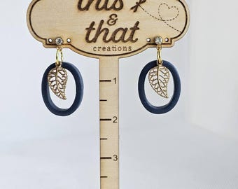 Navy Oval with Gold Leaf Accent Dangle Earring